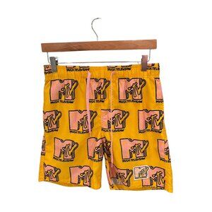 MTV Music Television Yellow Swim Shorts S 100% Polyester Elastic Waistband & Dra